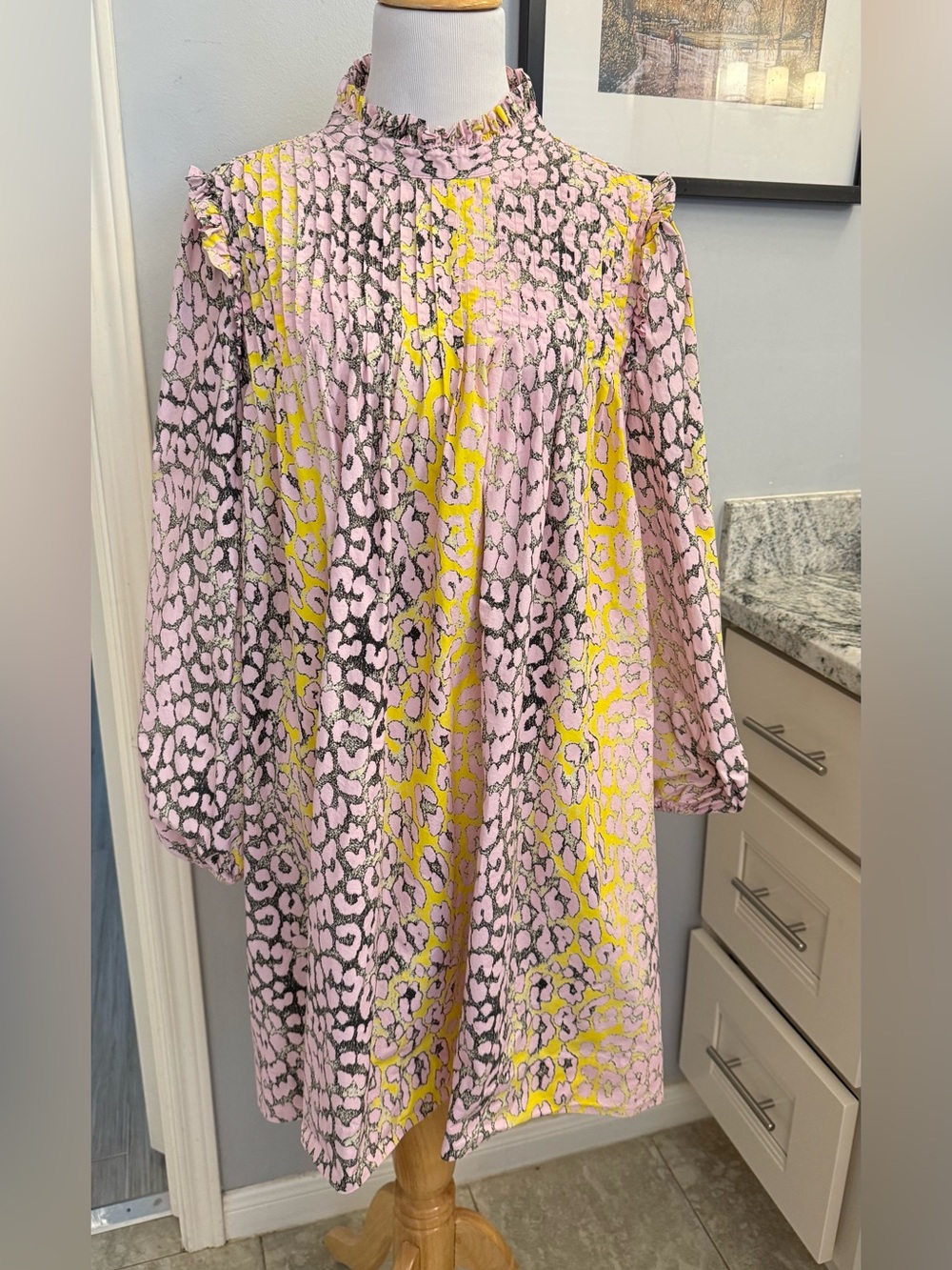 Ganni Pink and Yellow Patterned with button in the back oversized mini dress
